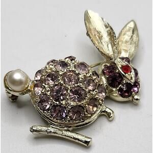 Vintage Easter Bunny Brooch Purple Rhinestone Rabbit Pearl Tail Pin